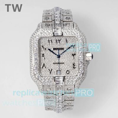 TW Factory Swiss Replica Ice Out Cartier Santos 40mm All Diamond Arabic Face Watch 